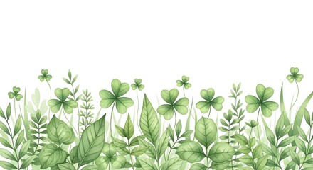 Obraz premium Watercolor illustration of a lush green border featuring shamrocks and diverse foliage