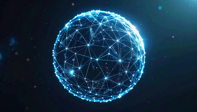 Abstract glowing blue network sphere representing global connections and digital data, with floating particles and dark background