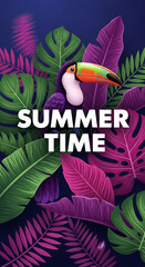 Obraz premium Vibrant illustration of toucan among tropical leaves, suggesting a seasonal theme, particularly summer, with text that says 