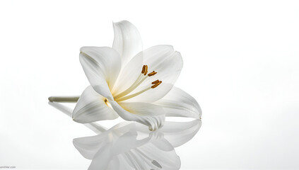 Obraz premium elegant white lily flower with soft petals and graceful form, symbol of purity, peace, and remembrance, delicate floral beauty isolated on dark background