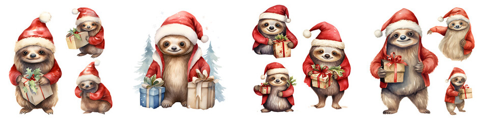 Fototapeta premium Adorable watercolor Christmas sloth collection isolated on a transparent background