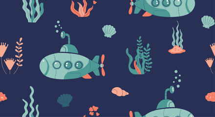 Obraz premium Underwater seamless pattern with submarines, seaweed, seashells, and bubbles on a navy blue background, perfect for nautical-themed designs and children's projects.