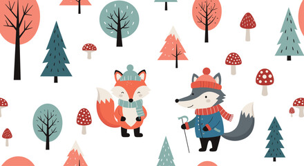 Fototapeta premium Charming winter woodland scene with a fox and wolf amidst trees and mushrooms, perfect for seasonal designs and illustrations.