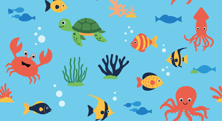Obraz premium Cute illustration of various sea creatures, including fish, a turtle, octopus, and a crab, in a colorful ocean setting.
