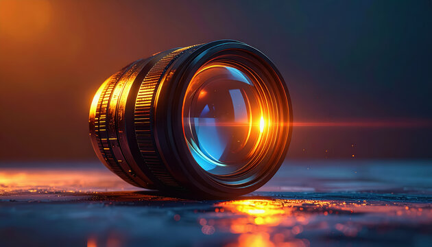 A professional camera lens lying on a dark, wet surface, illuminated by warm orange and blue light, with reflections and bokeh effects.