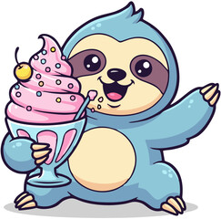 Fototapeta premium Cartoon Sloth Holding Ice Cream Sundae.