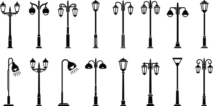 Collection of black silhouette street lamps on white background lamppost light