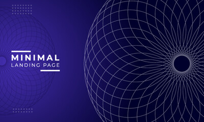 Dark purple landing page digital technology banner gradient web background. Blue abstract waving lines and halftone circles frame glowing geometric diagonal 