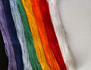 Multicolored floss threads on a white canvas.