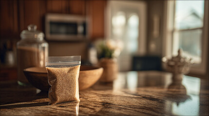 A small resealable plastic bag filled with coarse brown sugar, placed on a sunlit kitchen counter with a blurred background.