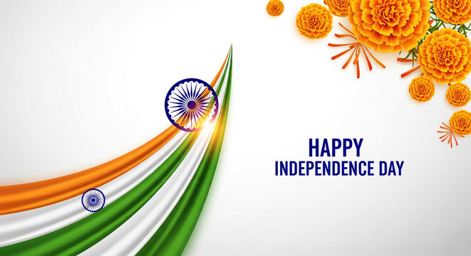 Image of the Indian flag draped with Ashoka Chakra, alongside orange marigold, commemorating Independence Day, symbolizing national pride and celebration