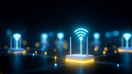 Wireless router with signal icon representing home internet connectivity, smart devices and reliable network access.
