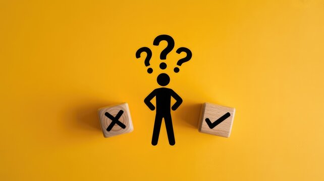 Silhouette figure contemplating choices between right and wrong on a bright yellow background