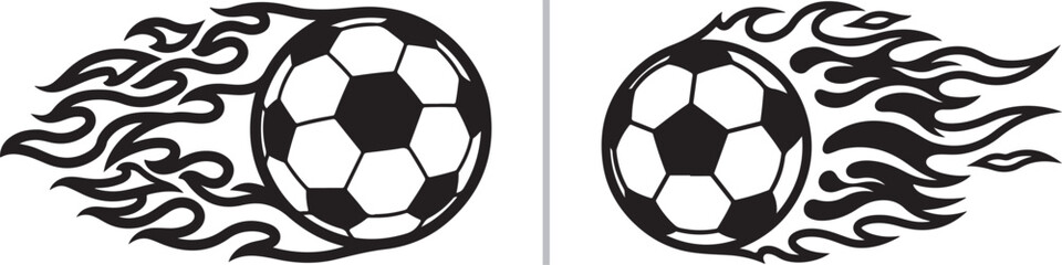 Obraz premium A black and white line art vector featuring two soccer balls engulfed in dynamic, trailing flames, symbolizing high speed, power, and intense competitive action.