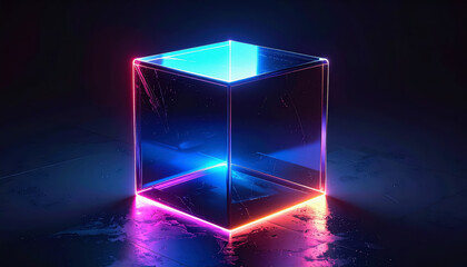 Illuminated Glass Cube with Neon Red and Blue Glow, Abstract Geometric Form on Dark Textured Surface