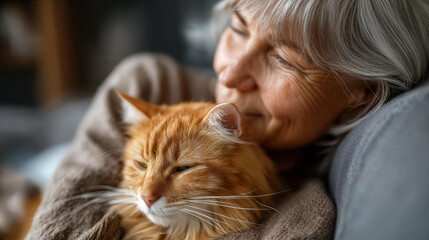 Faceless senior woman with cute cat resting at home, elderly pet companionship, mature adult feline bonding, residential animal comfort, defocused older person, with copy space