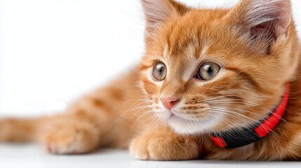 Obraz premium Ginger kitten wearing flea collar, highlighting importance of flea collars for effective prevention of parasitic diseases in pets, flea collars essential for pet health protection, with copy
