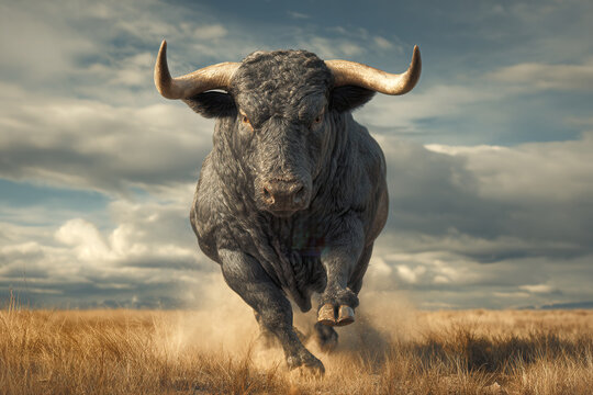 Running bull symbolizing power and strength, AI generated