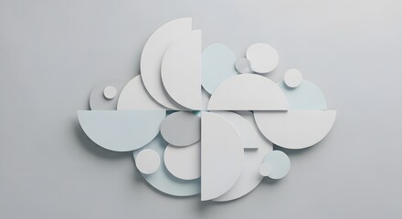 Abstract 3D render of overlapping white and pastel blue geometric shapes, creating a modern, minimalist composition.