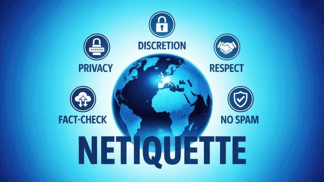 Visual representation of netiquette rules for respectful and secure global online communication