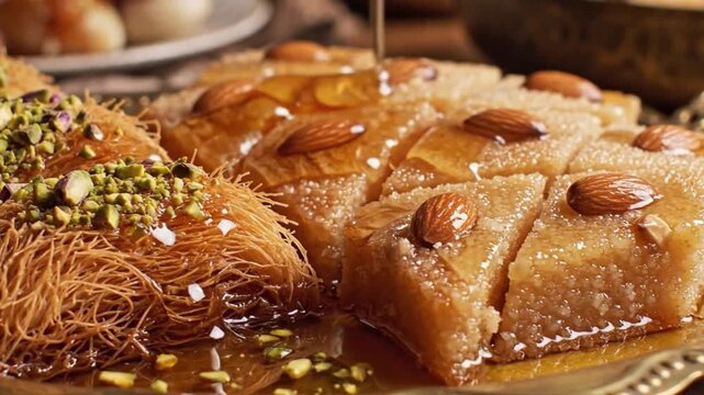 Baklava dessert with syrup being poured.