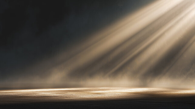 Sunbeams breaking through darkness onto dusty surface creating mystical light rays perfect for spiritual visuals and dramatic ambient backgrounds
