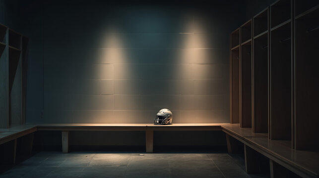 Minimalist locker room interior with dramatic lighting focused on a single helmet placed on a wooden bench ideal for sports narratives, solitude themes and motivation visuals
