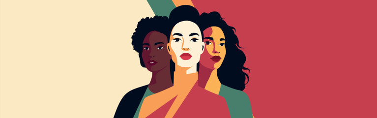 International women's day, gender equality, women's health and feminism. Women of different cultures and nationalities stand together. Vector concept of women empowerment. Vector flat banner template