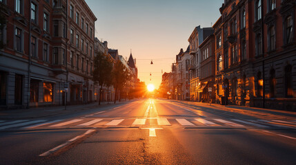 Obraz premium Symmetrical view of empty European city street at sunrise with golden light casting long shadows ideal for travel content and architectural backdrops 