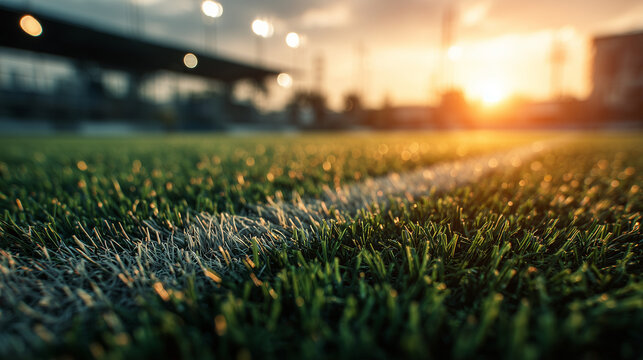 Close-up of artificial turf with white sports line at sunset on empty stadium field ideal for athletic visuals, training concepts and sport background designs
