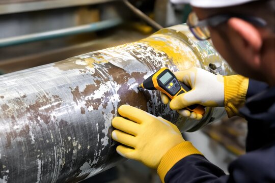 Industrial technician inspecting metal pipe corrosion with digital gauge.