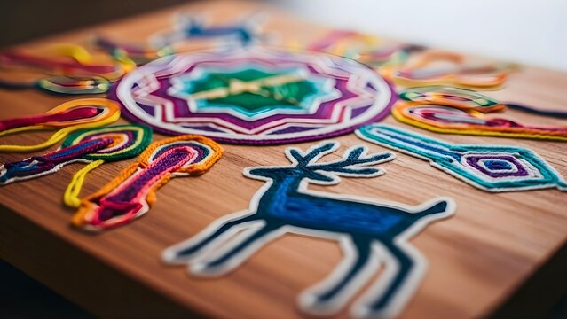 Close-up of traditional Huichol yarn painting with vibrant patterns and a blue deer symbol, showcasing authentic Mexican folk art craftsmanship
