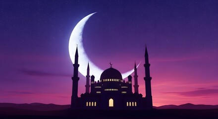 Serene mosque silhouette under a crescent moon and vibrant purple twilight sky, symbolizing Islamic culture and Ramadan.