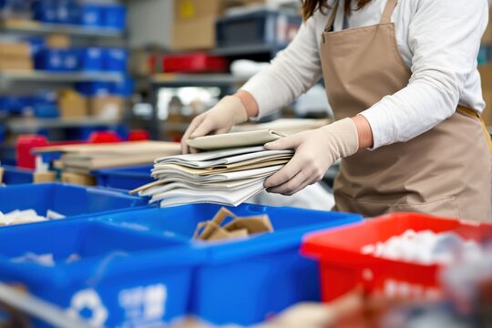 Warehouse worker in apron and gloves sorts materials into blue plastic bins.