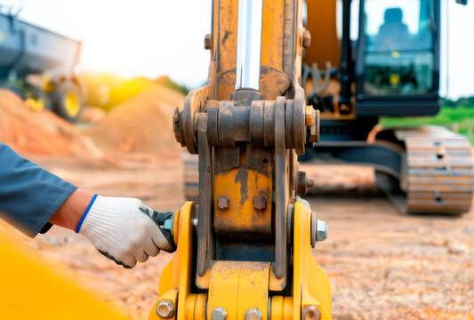 Worker hand in safety glove checking the pivot pin and hydraulic cylinder joint of a yellow excavator.