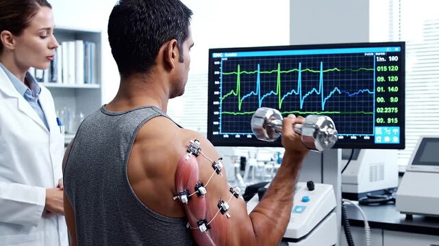A man with electromyography sensors on his arm exercises with dumbbells while a medical professional observes in a clinical setting with a computer screen displaying muscle activity graphs.
