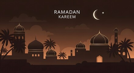 Stylized Ramadan Kareem landscape illustration with silhouetted mosques, palm trees, and crescent moon.