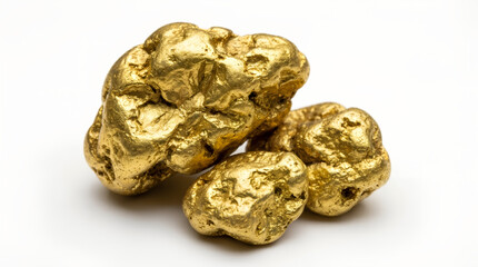 Obraz premium Three gold nuggets close up on a white background. Banner template of secure storage, growth of stocks, wealth, financial security, mining, and investment asset concept with copy space.