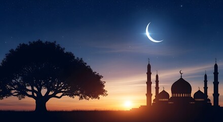 Tranquil night scene with a silhouetted mosque, crescent moon, and a lone majestic tree under starry sky.