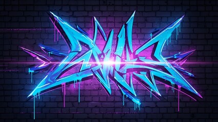 Naklejka premium neon graffiti art on brick wall, urban street style