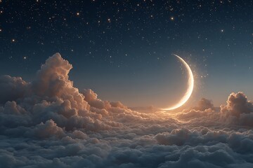 Serene crescent moon shining through clouds at night with stars