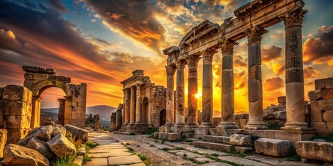 Ancient Civilization Ruins: Majestic Stone Architecture at Sunset