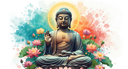 Obraz premium Beautiful greeting card with ancient statue great Buddha to bright holiday composition