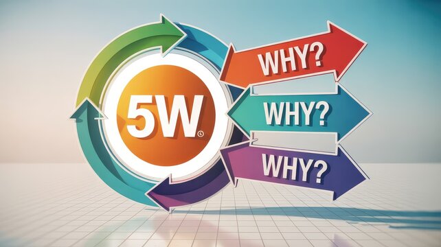 Colorful 5W cycle with multiple why question arrows on a gridded surface for business analysis