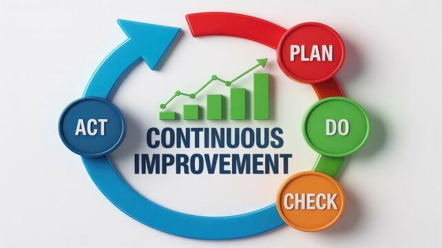 Clear 3D diagram showing Continuous Improvement Plan Do Check Act cycle with a rising green graph