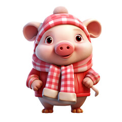Fototapeta premium Cute cartoon pig in winter clothes with a transparent background