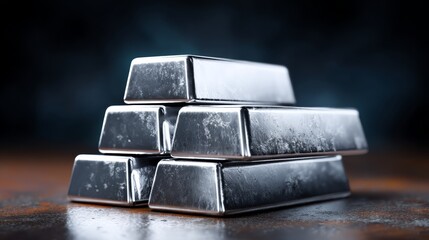 Stack of polished silver bullion bars arranged in a pyramid formation, reflecting dramatic lighting on a textured surface, showcasing high dynamic range and ultra-photorealistic detail