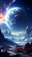Alien Landscape with Distant Planet and Snowy Mountains.