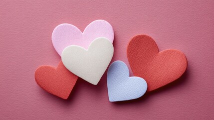 Obraz premium Colorful Heart Shapes on Soft Pink Background for Valentine's Day Celebration, Love, Friendship and Romantic Moments Decorative Elements