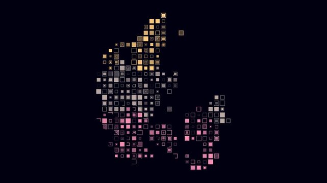Denmark map animation. Shape of the country with pulsating colored dots. Large size square blocks. Digital style Denmark map on dark background. Trending video.